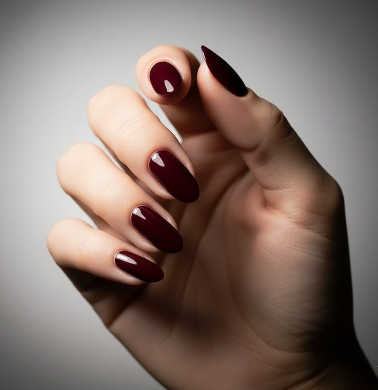 Glossy dark burgundy almond nails on a softly lit hand