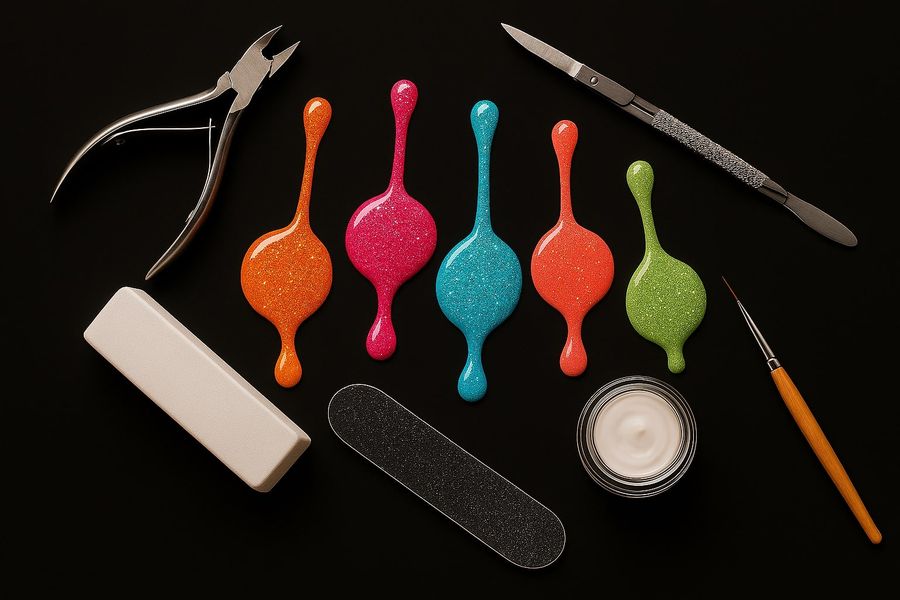 Nail tools laid out on black — cuticle nippers, pusher, buffer, file, detail brush and cream