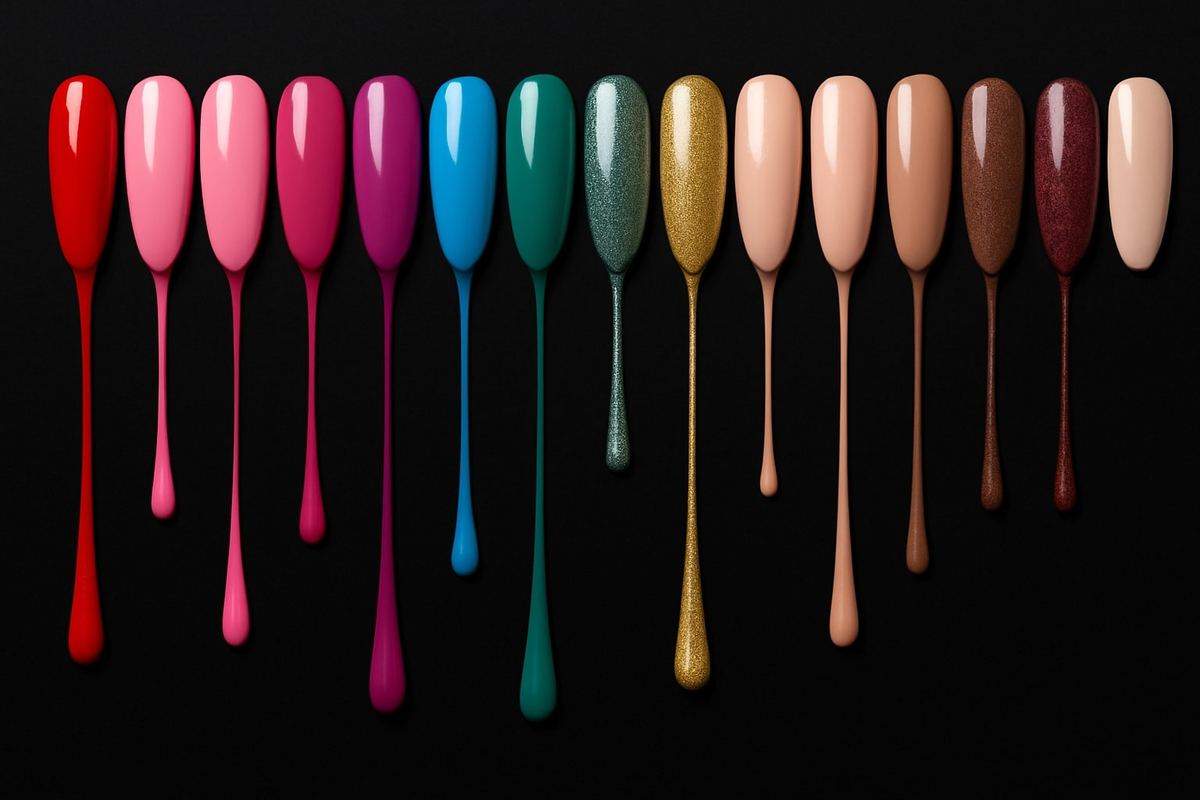 A spectrum of gel polish colours swatched on nail tips, from red and pink through blue, green, gold and nude